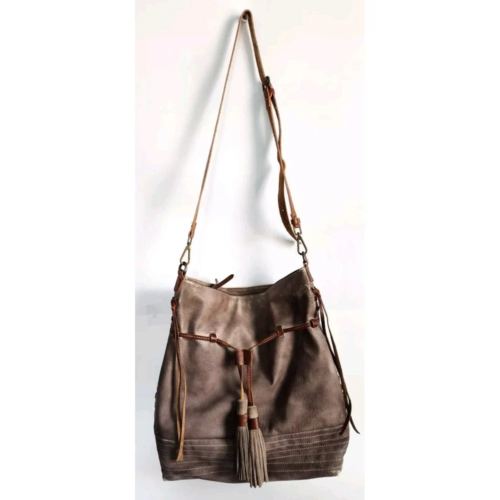 Free People Brown Leather Hobo Shoulder Bag with Tassels